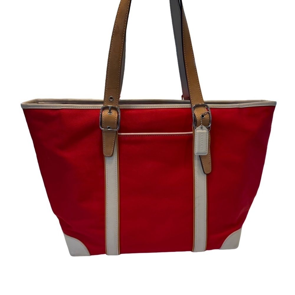 COACH HAMPTON LEGACY RED FABRIC WHT LEATHER TRIM MARKET TOTE BAG